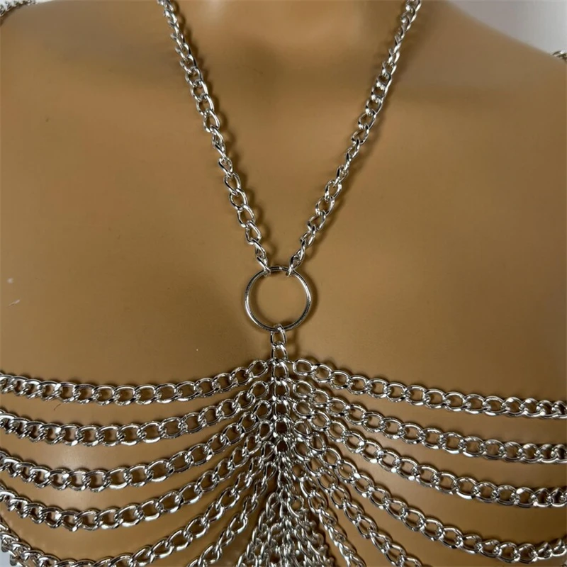 Metall-Körperketten-Crop-Tops Harness für Frauen, mehrschichtige Brust- und Taillenkette, Halskette für Nachtclub-Party, Bikini-Körperketten, verstellbare Überzüge. – Detail 1