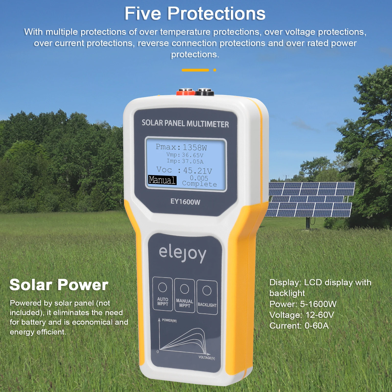1800 W Solar-Multimeter-Tester Für MPPT – LCD, Auto/Manuell, Misst Spannung & Leistung, 20-120 V, 0-60 A
