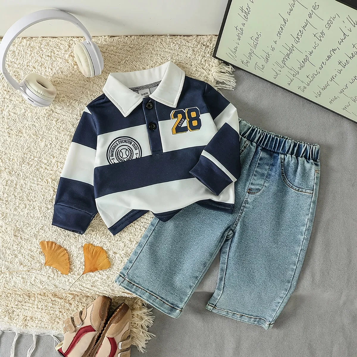 

Four-Season Style Baby Boy Striped Polo Shirt + Denim Pants, Classic and Timeless Striped Design, Suitable for Everyday Wear and Outings
