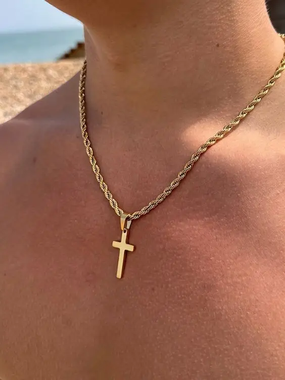 Goldfarbene Kreuz-Halsketten für Männer und Jungen, Edelstahl-Anhänger-Halsketten mit 50 cm gedrehter Seilkette, Strand-Surf-Schmuckgeschenk – Detail 1
