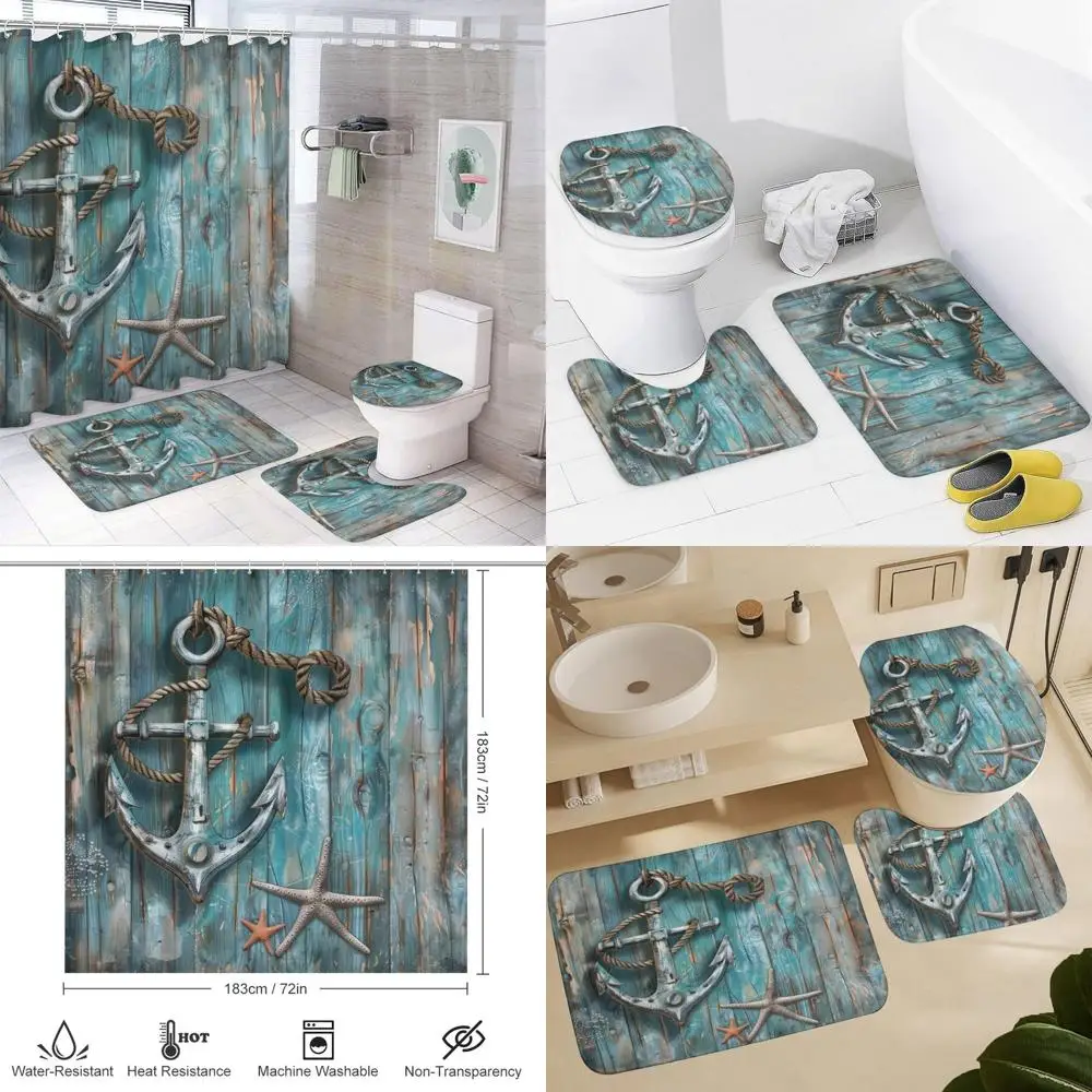 

Занавеска для душа из морской синей деревянной доски с тематическим набором океана, включая крышку унитаза и U-образный коврик для ванной