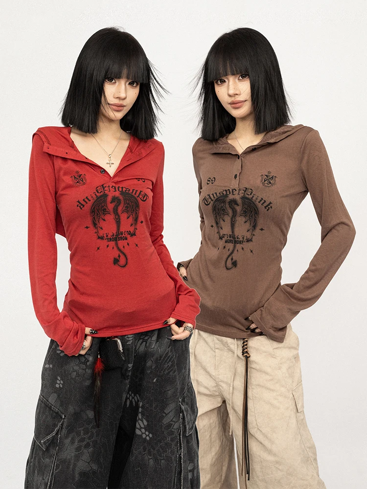 

OCTTFLAB Женская футболка с длинным рукавом в американском ретро-стиле с апокалиптическим принтом, облегающая, базовый слой, из смеси хлопка, лиоцелла и полиэстера