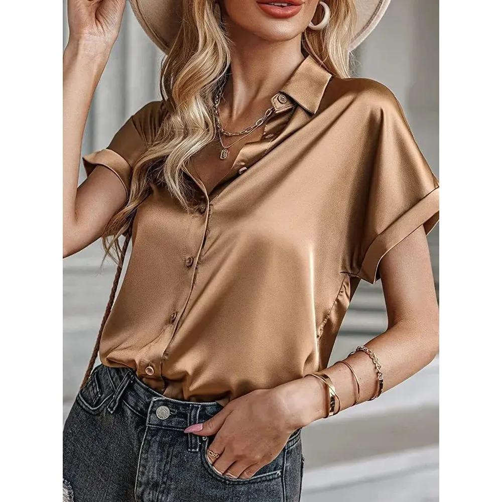 Letnia damska luźna koszula zapinana na guziki, jednolita, wygodna, oddychająca, modna bluzka damska.