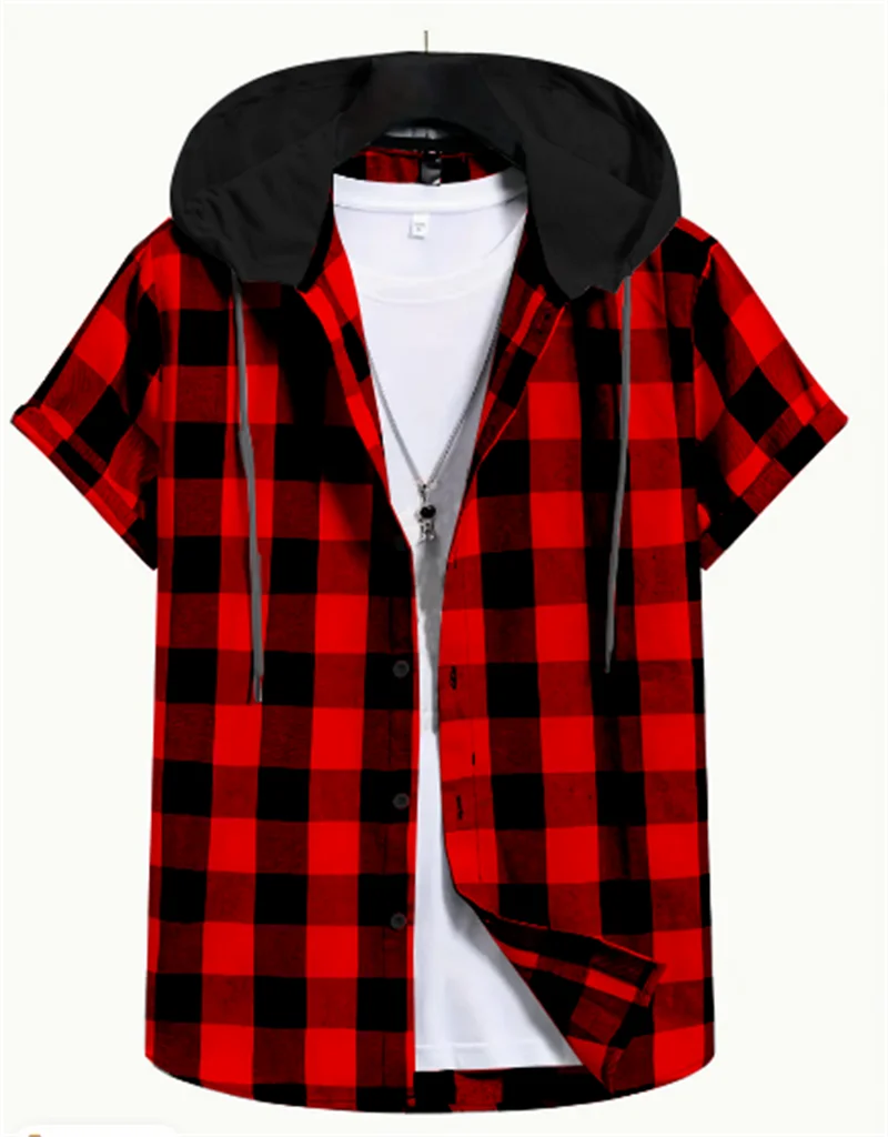 Red And Black Plaid Shirt Men Shirts 2024 New Summer Fashion Chemise Homme Mens Checkered Shirts Short Sleeve Shirt Men Blouse