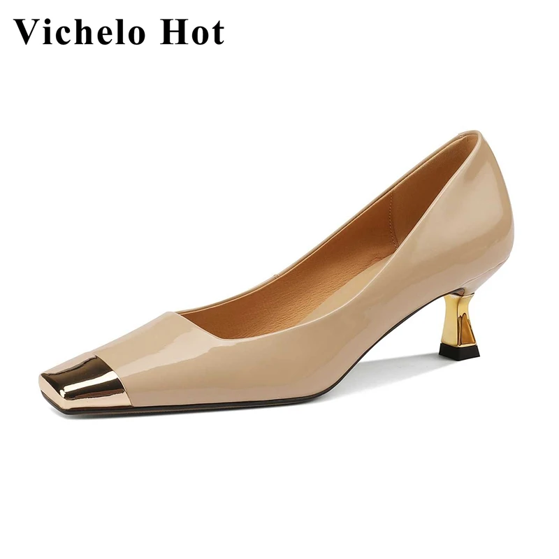 

Vichelo Hot big size 43 sheep patent leather metal square toe high heels office lady daily wear shallow slip on women pumps L25