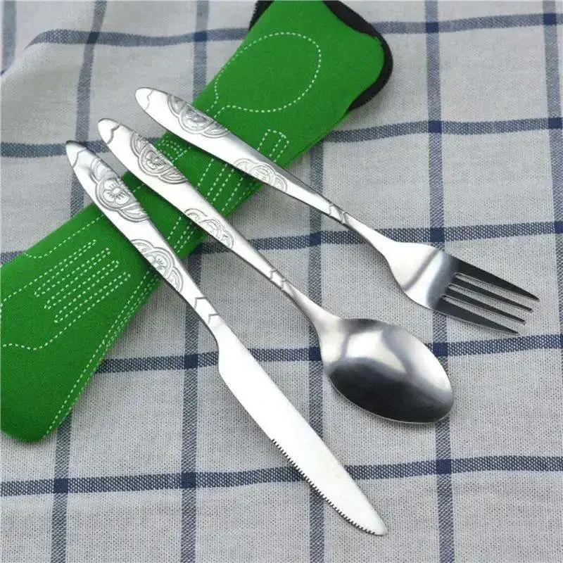 3pcs Set Dinnerware Portable Printed Stainless Steel Spoon Fork Steak Knife Set Travel Cutlery Tableware with Bag