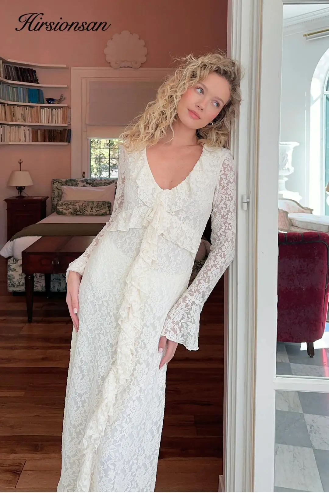 Hirsionsan Lace Elegant Dress Women Floral Graphic Chic Maxi Dresses with Ruffles Sexy Autumn V Neck Party Dress for Female 2025