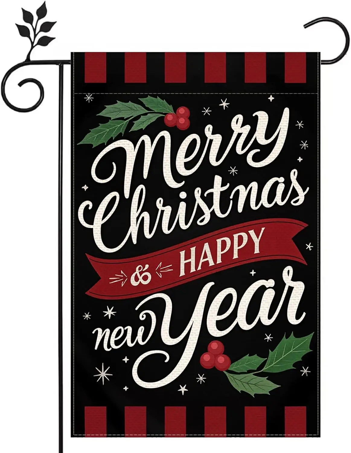 Happy New Year Merry Christmas 12x18 inch Garden Flag Double Sided Burlap Holiday Party Decorating Flag -A jjp