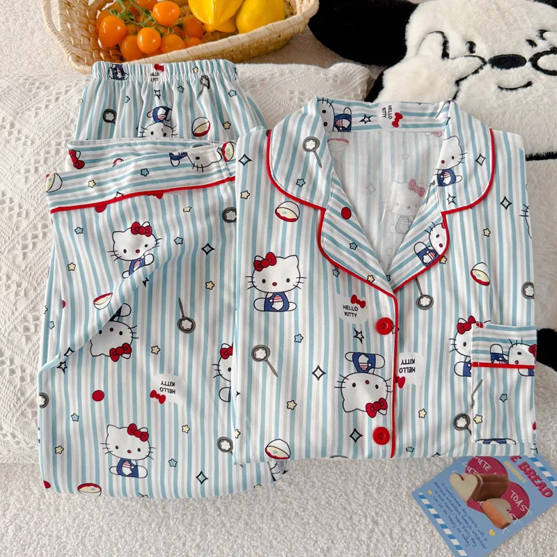 

Sanrio Hello Kitty женские сексуальные пижамные комплекты Kawaii мультфильм студенческий осенний отдых с длинными рукавами длинные брюки в полоску домашняя одежда новый стиль