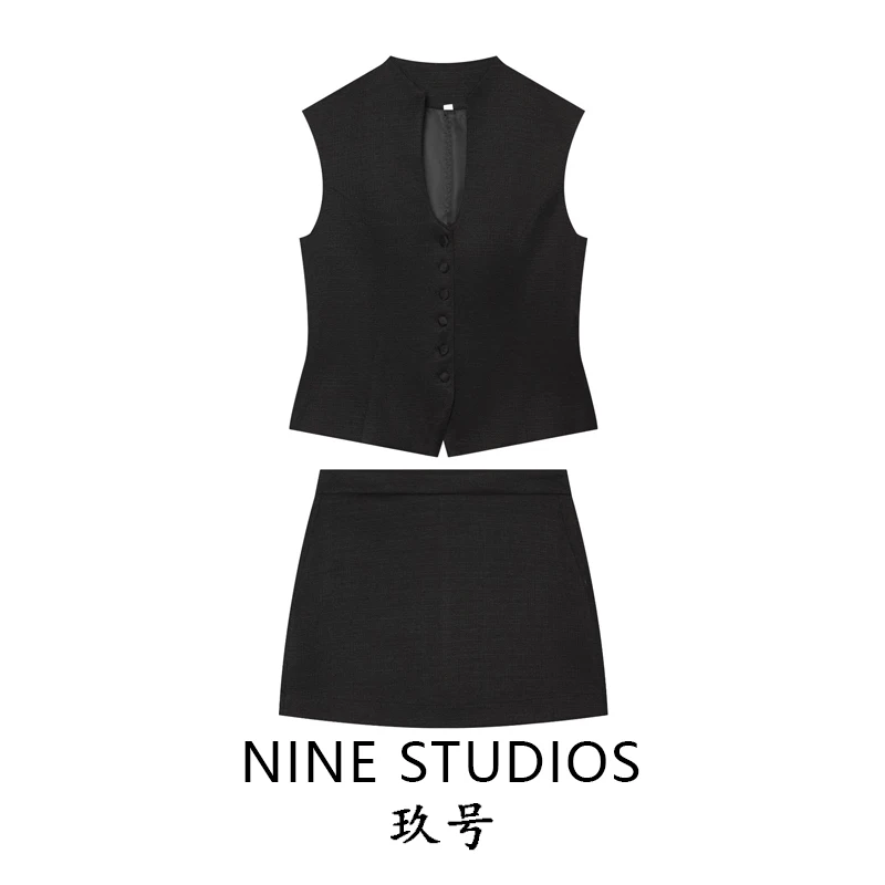 NINE ZAR Women's Fashion Set Vest Top Zip Side Skirt Pants Button Decorated Short Length Sleeveless Four Seasons Suitable