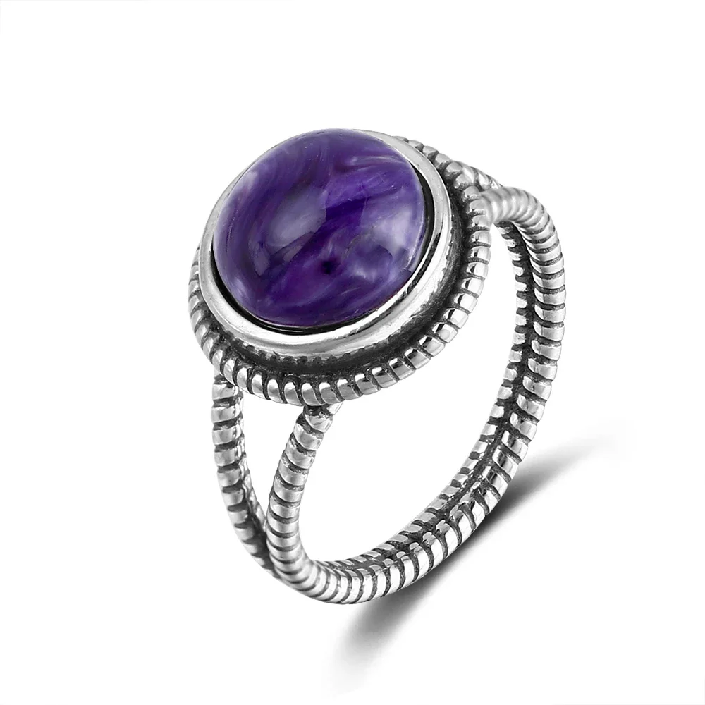 Natural Charoite S925 Silver Ring Vintage Style Purple Stone 10MM Round Engagement Retro Wedding Ring Gift Jewelry