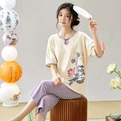 Women Pajamas Set Summer Cotton Sleepwear for Girl Leisure Round neck Lady Pijama Retro Chinese Style Casual Home Wear Pajamas