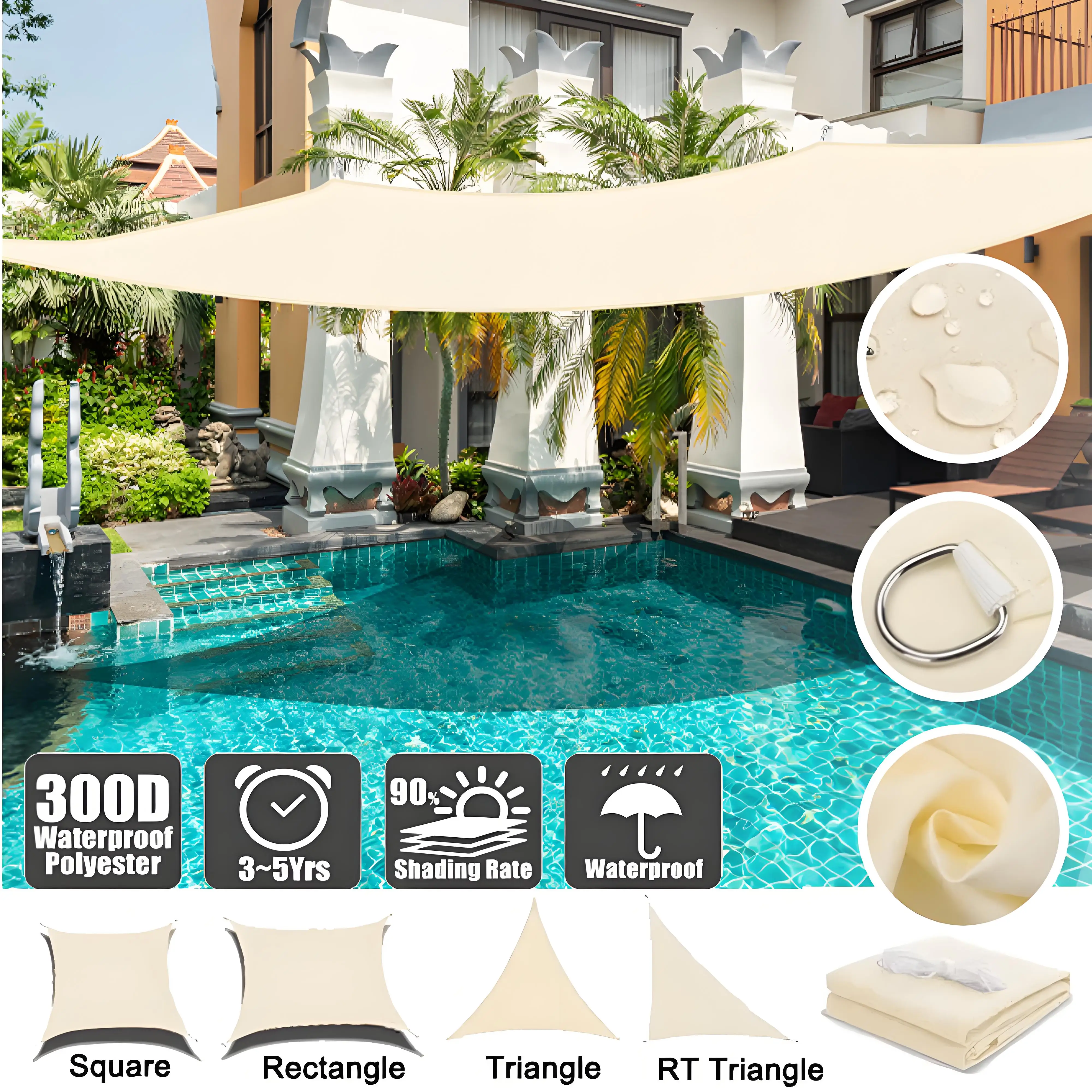 Beige Sun Shade Sail Waterproof Shade Sail for Outdoor Garden Patio Party 98% UV Block Sunscreen Awning Canopy Sunsail with Rope