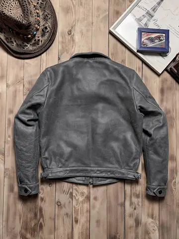 Grå vinterläderjacka i retro vintagestil, plusstorlek 5XL, äkta naturligt kohud, tysk militärflygläderjacka 8 best sales Tyska rockar - №1
