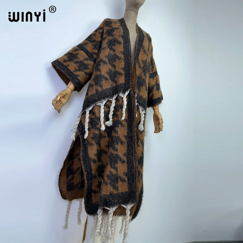 WINYI Winter Women tassel personality fashion printing Cardigan coat Loose dress Thick Warm Women Warm Coat Outwears cloak