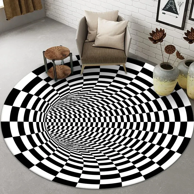 3D Stereo Vision Round Carpet for Living Room Simple Black and White Carpet Area Rugs Geometric Anti-Skid Home Bedroom Floor Mat