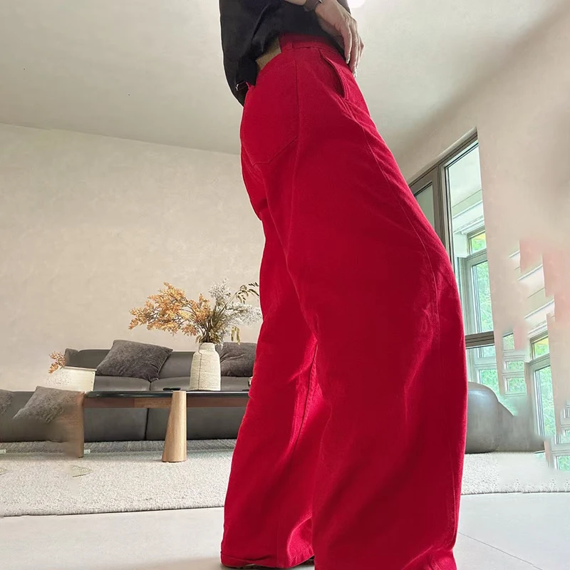 Ladies' simple jeans, red wide-leg pants with belt decoration, fashionable and versatile long pants, high quality, new style,