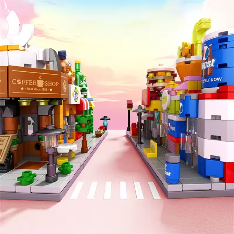 Mini Street View Building Blocks Small Store Bricks Set Coffee Shop Flower Shop ABS Plastic Toys for Kids Adults Decoration Gift