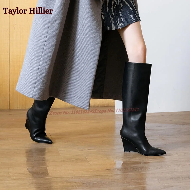 Winter Black Knee-High Boots Pointed Straight Wedge Heel Women'S Boots Fashionable Temperament Cowhide Long Boots Large Size