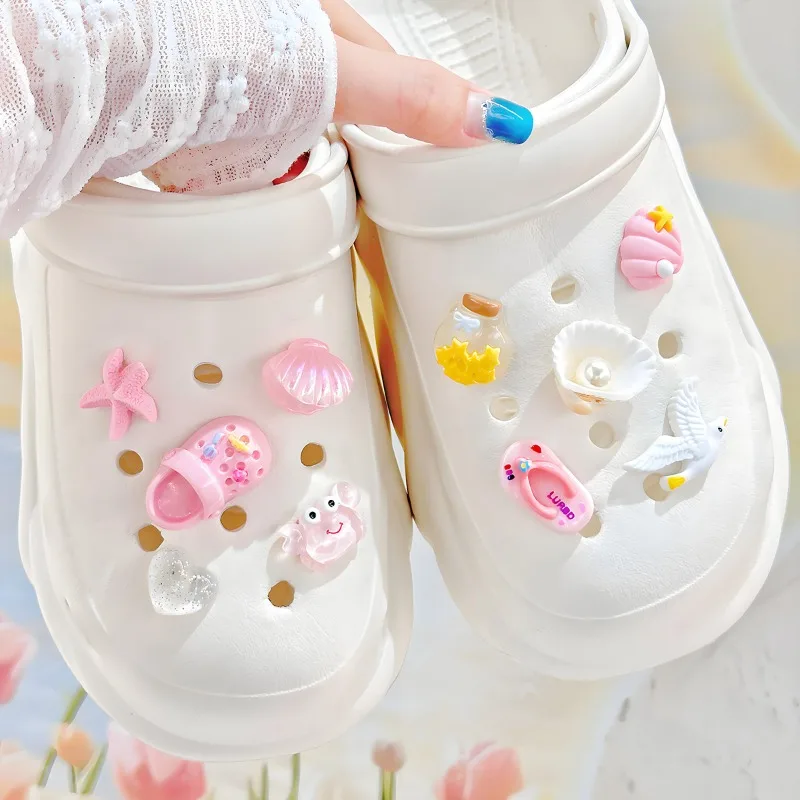 Beach Style Simulated Pearl Seagull Shell Shoe Charms Resin Accessories Pink Theme DIY Creative Summer Hole Sandals Decor Gifts