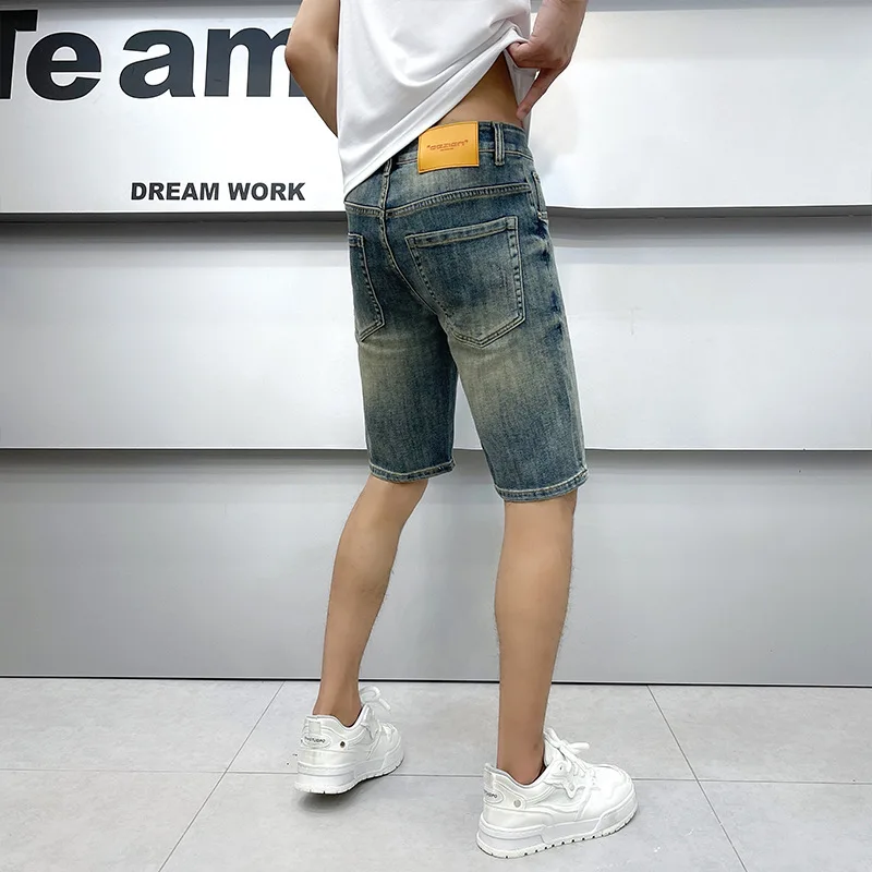 Thin-Style Blue Denim Shorts Men's High-End and Fashionable Slim Fit Stretch Retro Washed Casual Street Summer Pirate Shorts