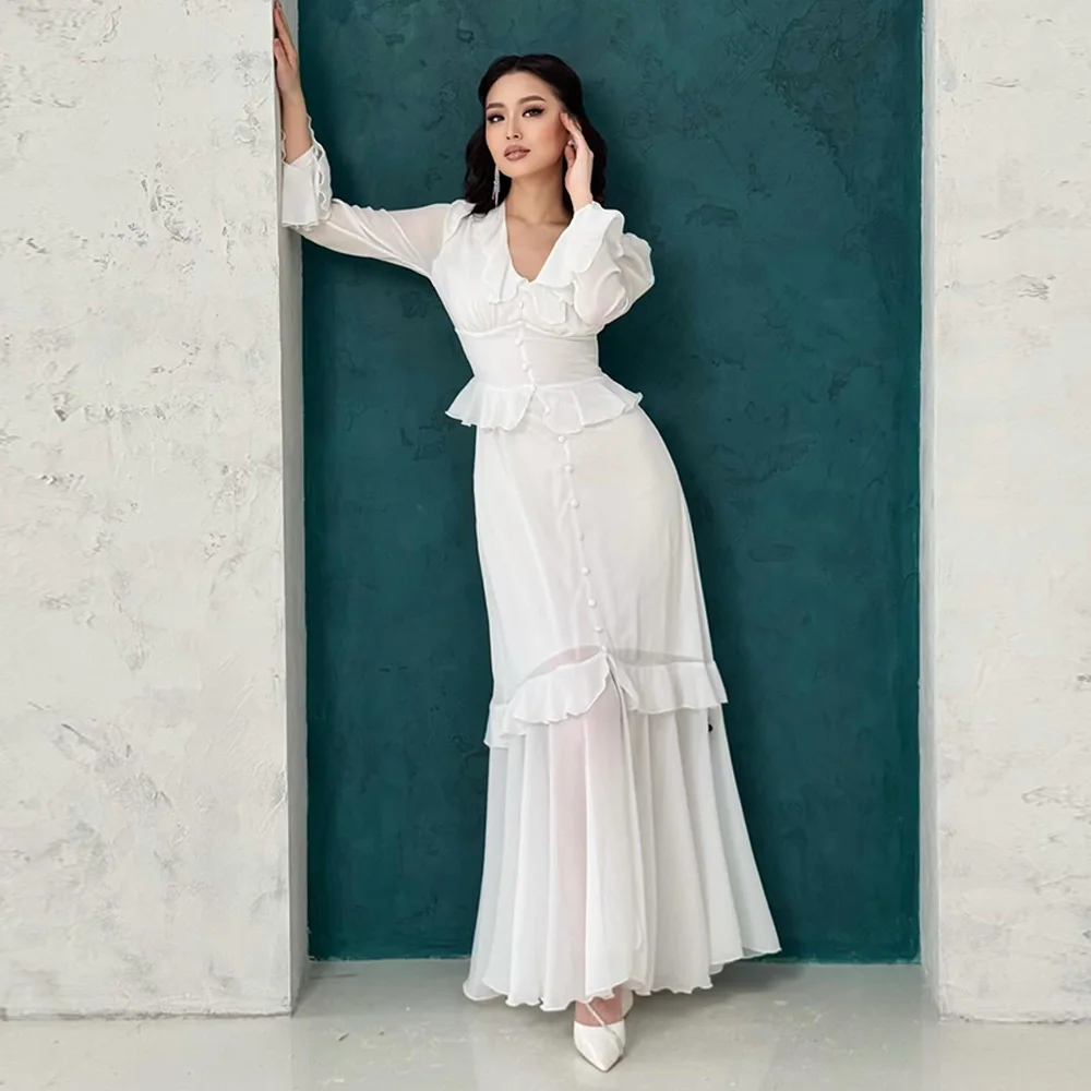 

V-Neck Long Sleeves Evening Dress Customized High Quality A-Line Buttons Celebrity Gowns Fashion Floor Length Party Dress