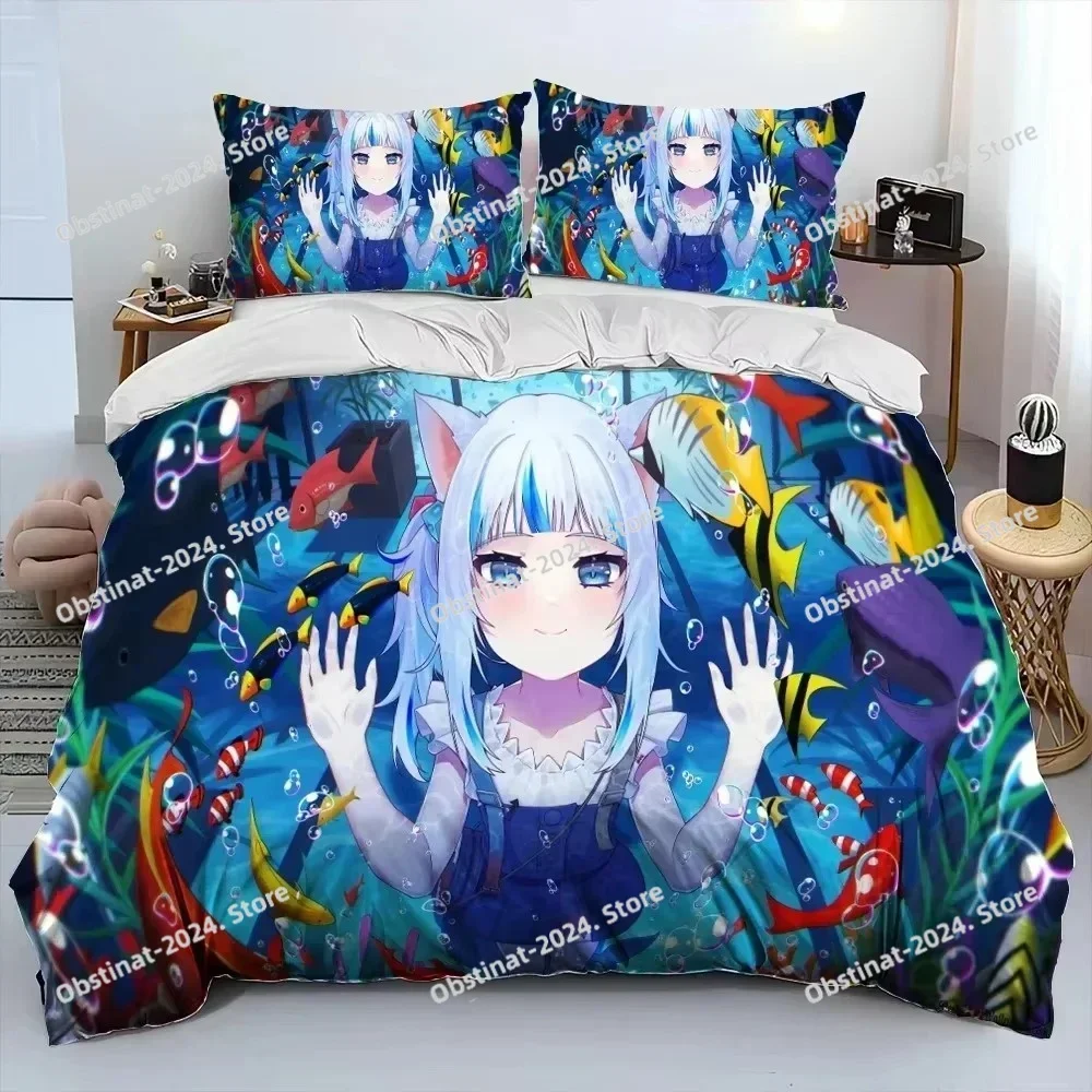 Cute Gawr Gura Hololive Anime Shark Printed Duvet Cover Pillowcase Bedding Set Bed Linen Sheet Quilt Cover Full Queen King Size