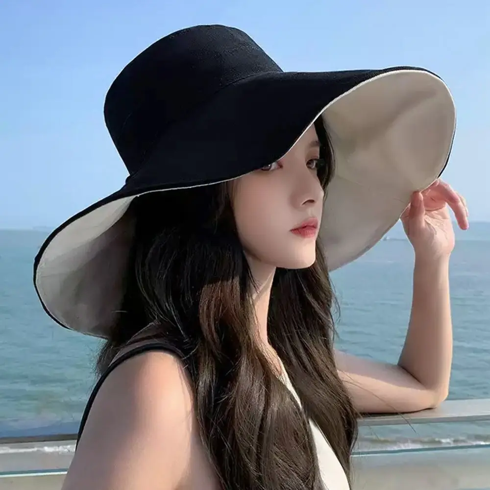 Spring Summer Double-Sided Bucket Hat Big Brim Foldable Beach Cap Portable Anti-UV Fisherman Cap Women Men