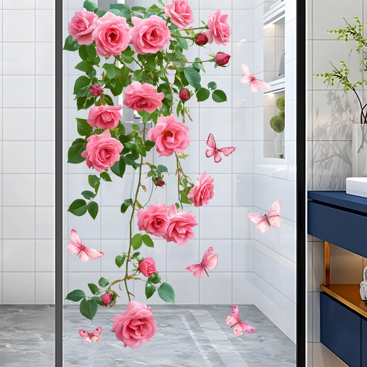 Autocollant mural de vigne à fleurs, 1 pièce, Design Rose et papillon, pour salle de bains, salon, chambre à coucher, décoration murale de porte en verre