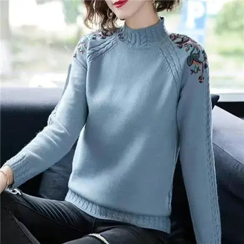 Embroidered Flowers Mock Neck Women Sweaters Fall Winter Thick Warm Pullover Slim Tops Ribbed Knitted Sweater Soft Pull D123