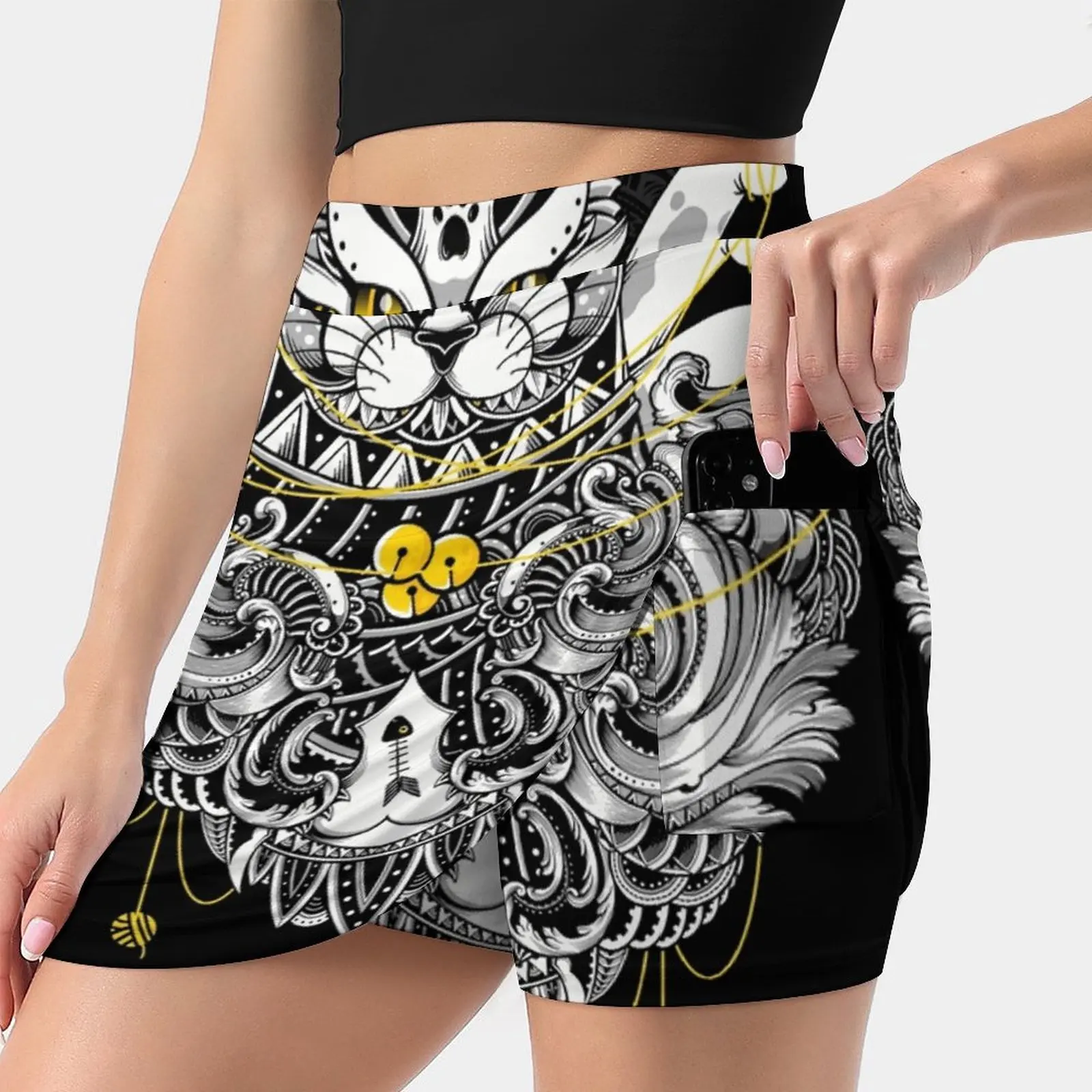 Sacred Ritual Women Mini Skirt Two Layers With Pocket Skirts Sport Fitness Running Skorts Cat Cats Animal Tattoo Black And