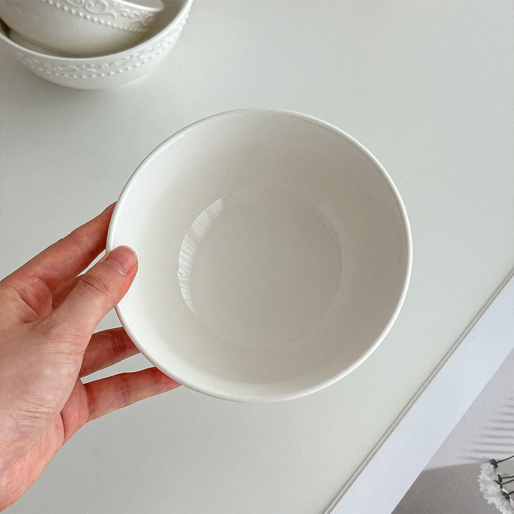 Porcelain Bowl French Style Creative Relief Round Ceramic Household Tableware Breakfast Milk Oats Yogurt Fruit Dessert Bowls