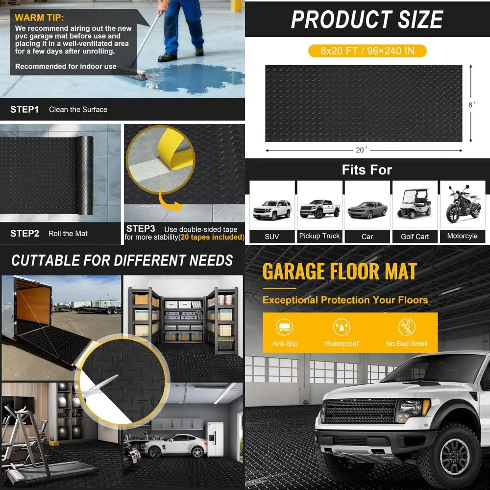 

Thickened 8x20ft PVC Rubber Floor Mat with 20 Tapes, Non-Slip for Garage, Warehouse, Gyms, and Trailers, Black