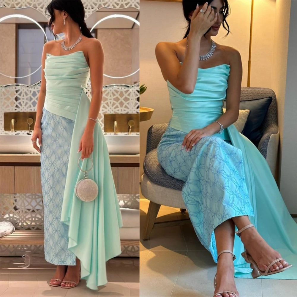 

Prom Dresses Fashion Strapless Sheath Ruched Party Dress Ankle Length Formal Evening Gowns فساتين نسائيه سهره robe femme soirée