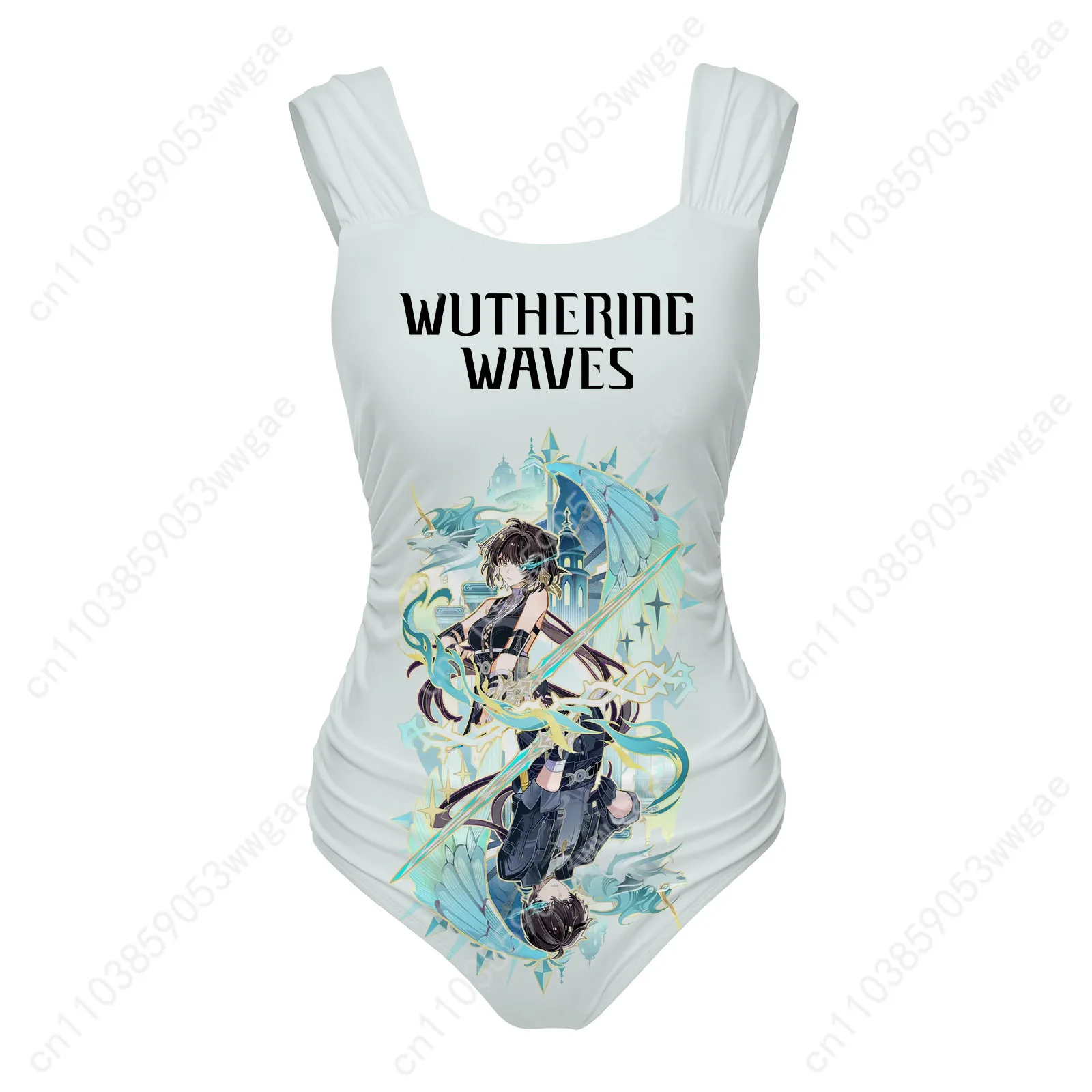 ชุดว่ายน้ำวันพีซแบบสายกว้าง Wuthering Waves สำหรับผู้หญิง ชุดว่ายน้ำบิกินี่เซ็กซี่แบบกำหนดเอง ชุดชายหาด