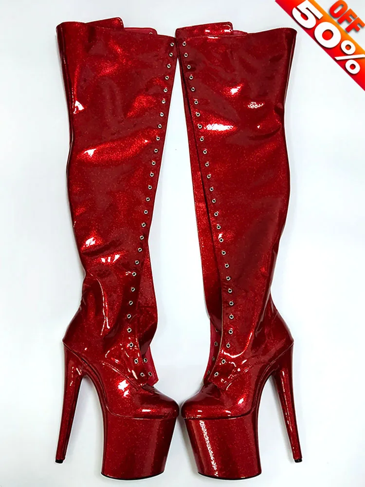 8 Inches Stripper High Heels Crossdress 20cm Sexy Over The Knee Boots Platform Red Pole Dance Women's Shoes Gothic Round Toe