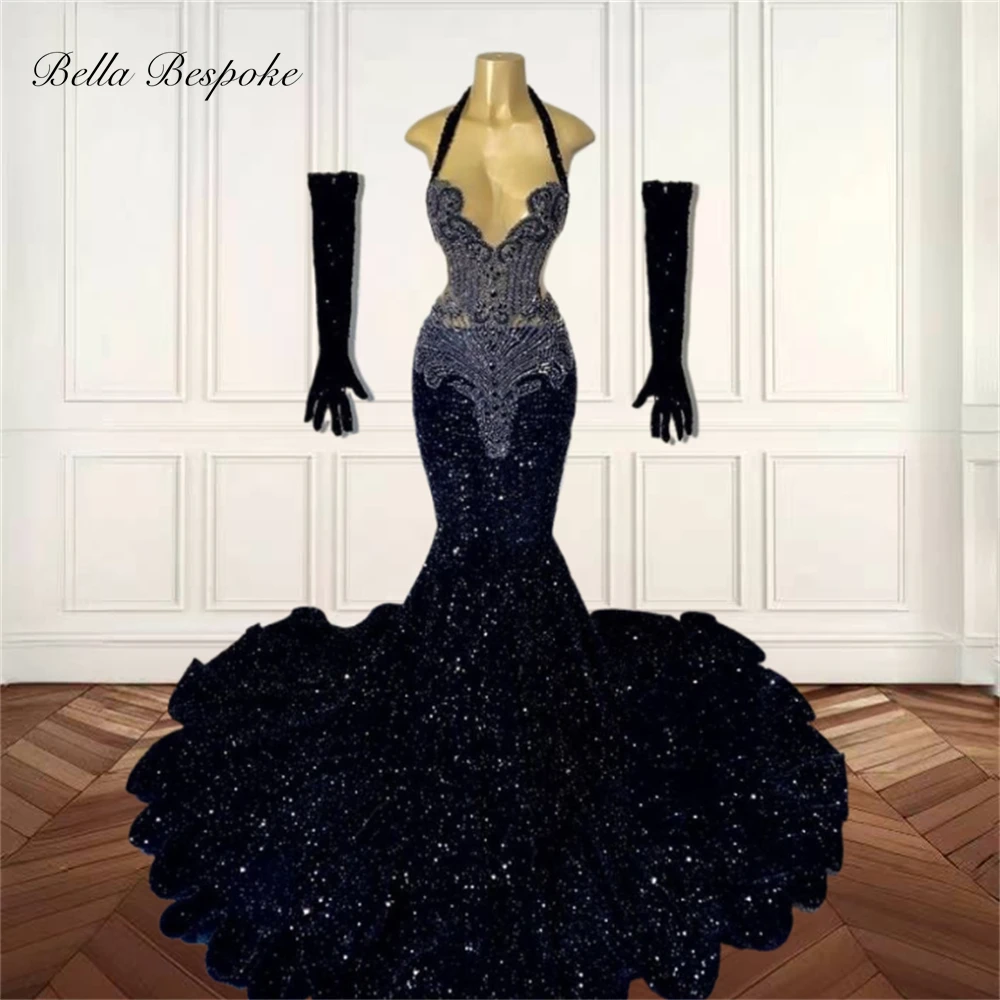 Black Halter Sequin Long Prom Dresses For Black Girls Bead Crystal 2025 Birthday Luxury Dress Formal Gown With Gloves Customized