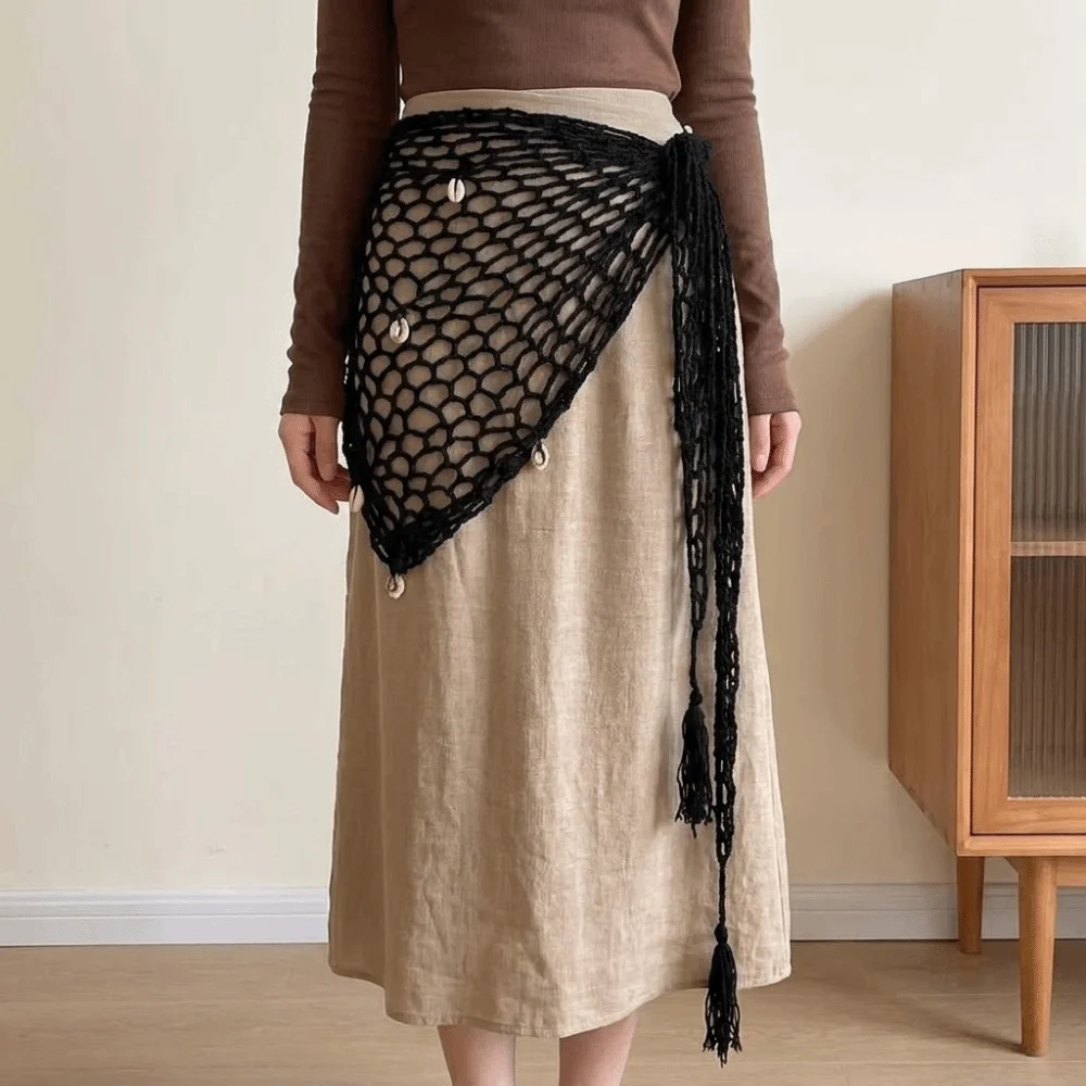 Boho Solid Color Triangle Hip Scarf Shell Mesh Crochet Short Skirt Wrap Detachable Sophisticated Waist Belt Daily