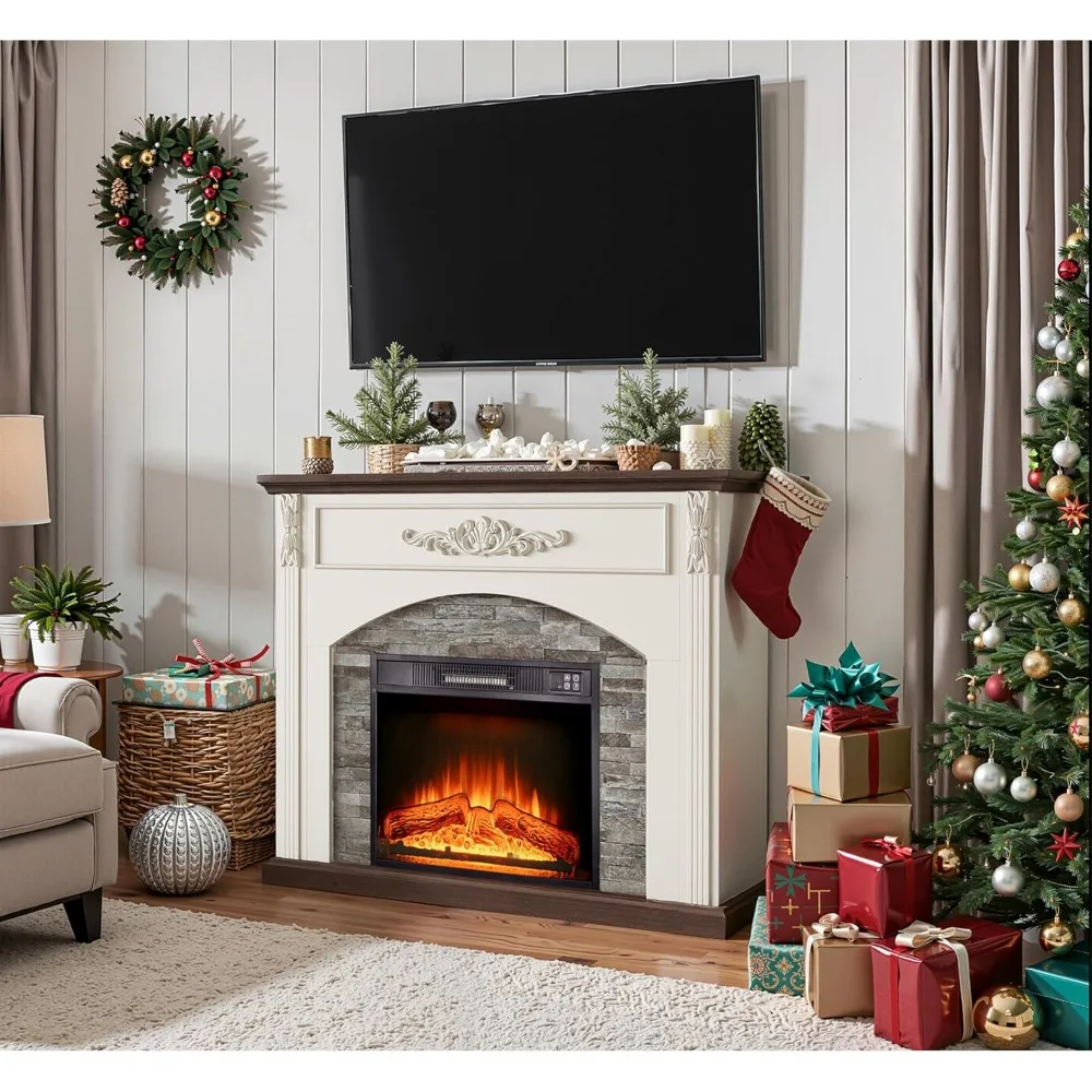 حامل تلفزيون على طراز المزرعة مع مدفأة كهربائية مقاس 44 بوصة وصندوق حريق أبيض، يتميز بحيط حجري مكدس #2