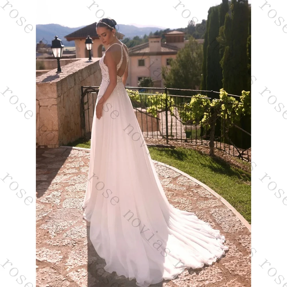 Customized Minimalist Halter Sleeveless Wedding Dress Keyhole Lace Corset Floral Chiffon A-line Bridal Gown Suitable for Beach