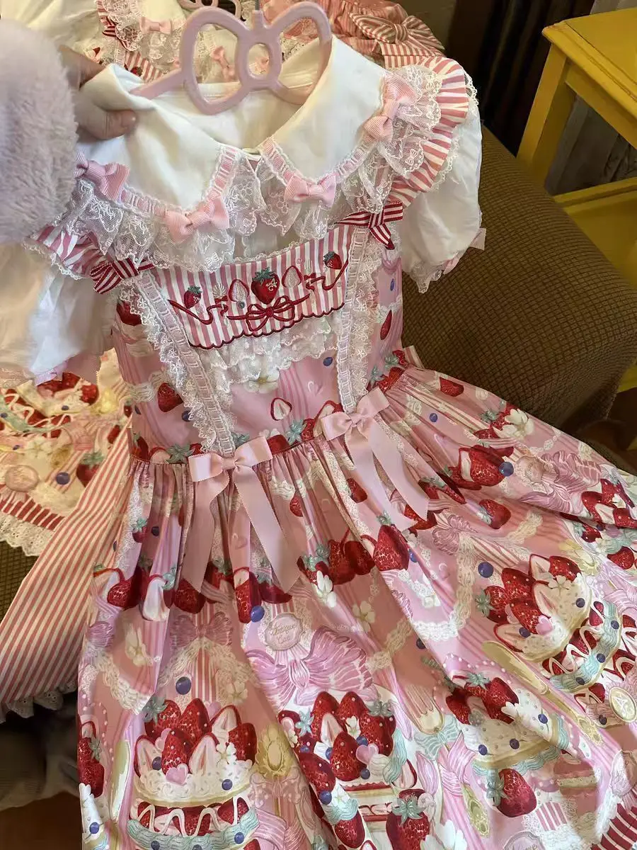 MAGOGO Victorian Sweet Lolita Jsk Dress Cute Striped Strawberry Cake Print Suspenders Dress Japanese Summer Kawaii Party Dresses