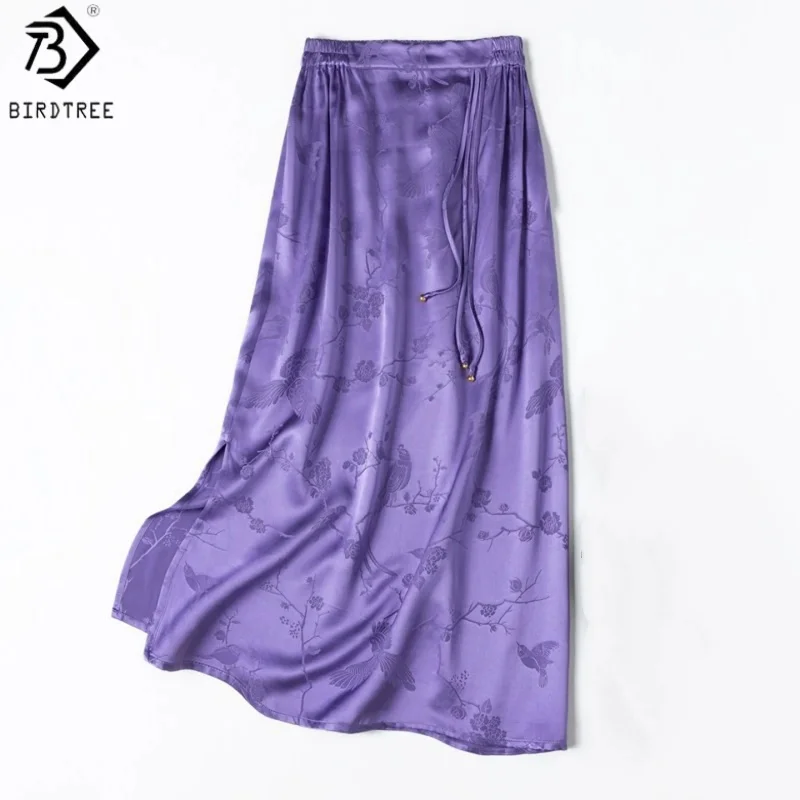 Birdtree, 40MM 100% Silk Skirt, Elastic Waist, Chinese Style, Women Jacquard Satin Skirts, Side Slit, 2026 Summer New D67104JF