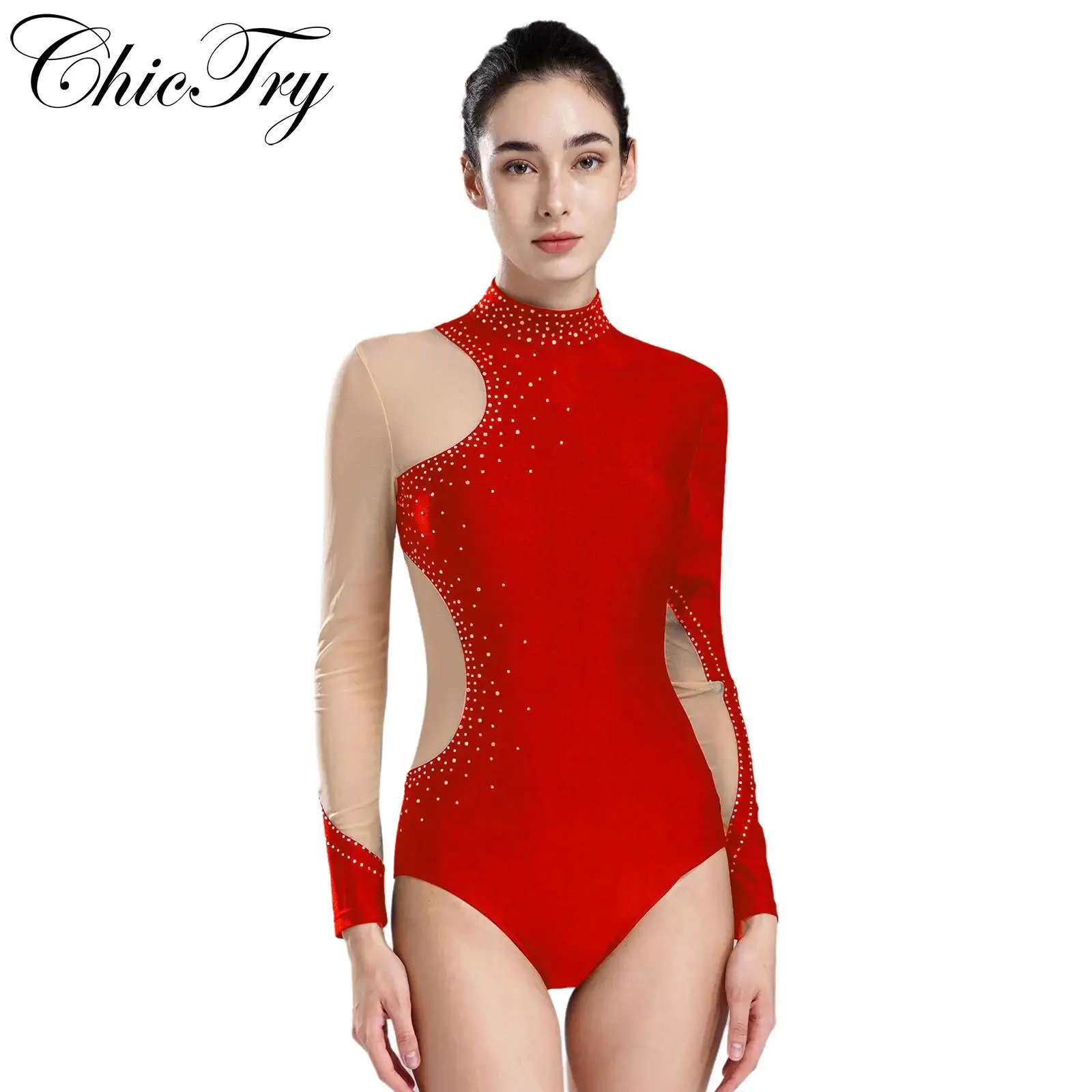 Womens Ballet Dance Leotards Figure Skating Gymnastics Unitard Rhinestones Mesh Long Sleeves Bodysuit Performance Dancewear