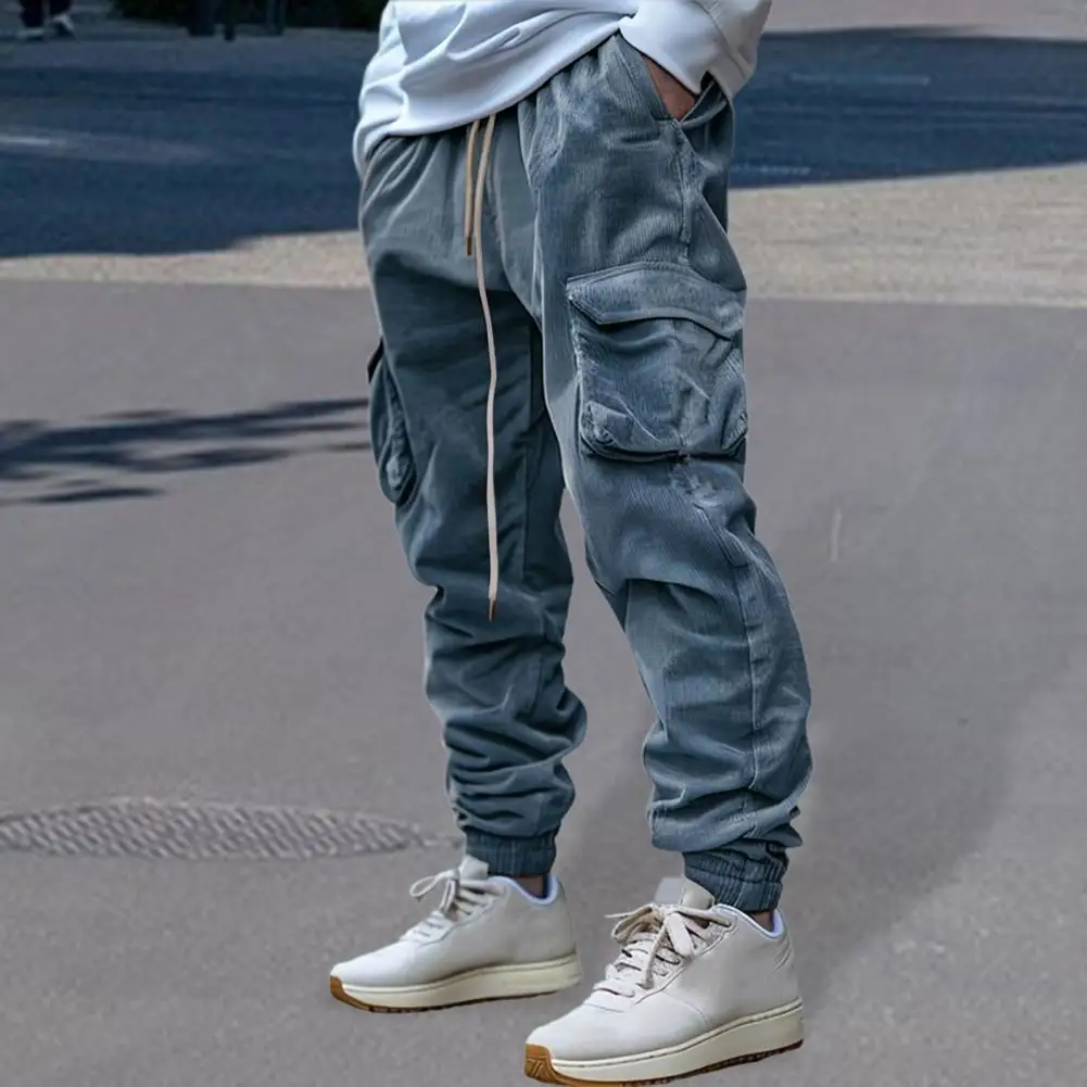 الرجال السراويل البضائع الكاحل النطاقات الرباط مرونة الخصر فضفاض Sweatpants مع جيوب ريترو ستايل يندبروف الكاحل طول بنطلون