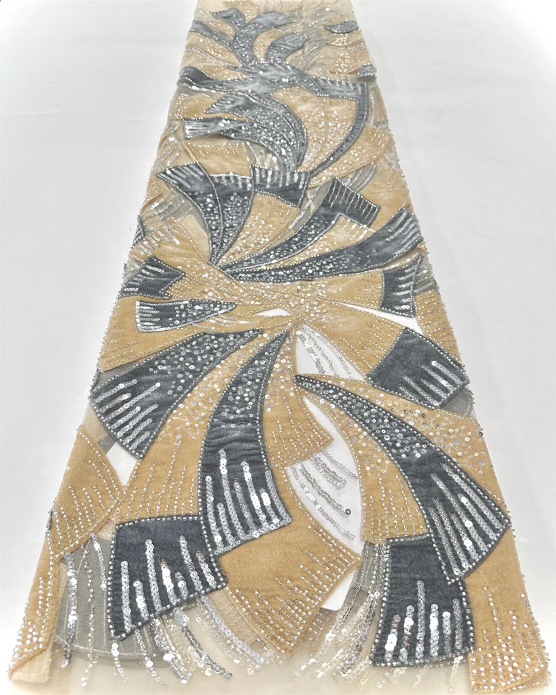 

Luxury African Beaded Nigerian Sequins Pearl Velvet Lace Fabric High Quality for Party Dress Sewing