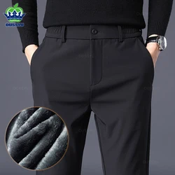 Inverno quente dos homens de lã calças de negócios grossos stretch slim fit cintura elástica corredor coreano clássico preto cinza azul calças masculinas