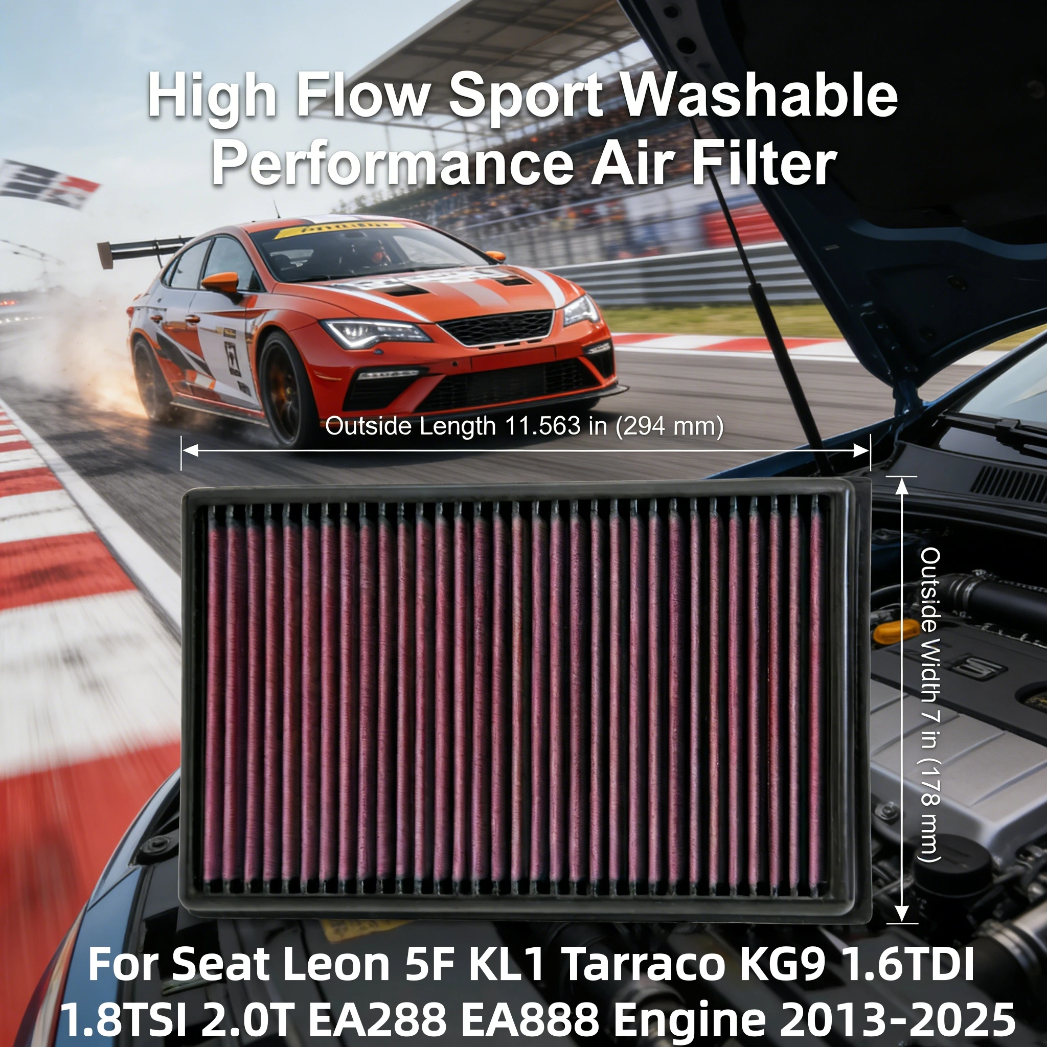 

High Flow Sport Washable Performance For Seat Leon 5F KL1 Tarraco KG9 Air Filter 1.6TDI 1.8TSI 2.0T EA288 EA888 Engine 2013-2025