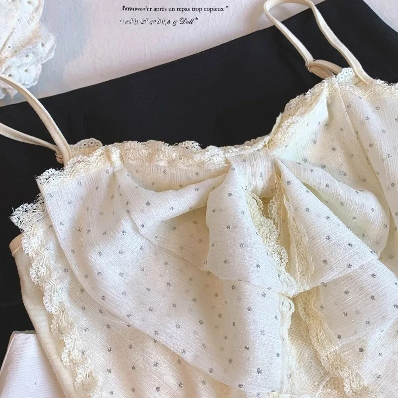 Novedad de verano, ropa de abrigo versátil para niñas, Top sin mangas Vintage, dulce puro deseo, camisola de retazos de encaje con lazo grande