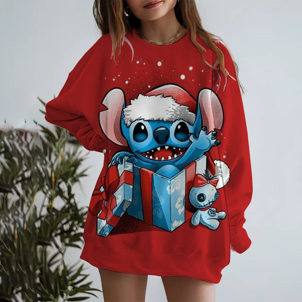 Christmas Disney Stitch Hoodie Long Sleeve Round Neck T-shirt Autumn/Winter Basic Hoodie Women's Knitted Checkered Sleeve Sports