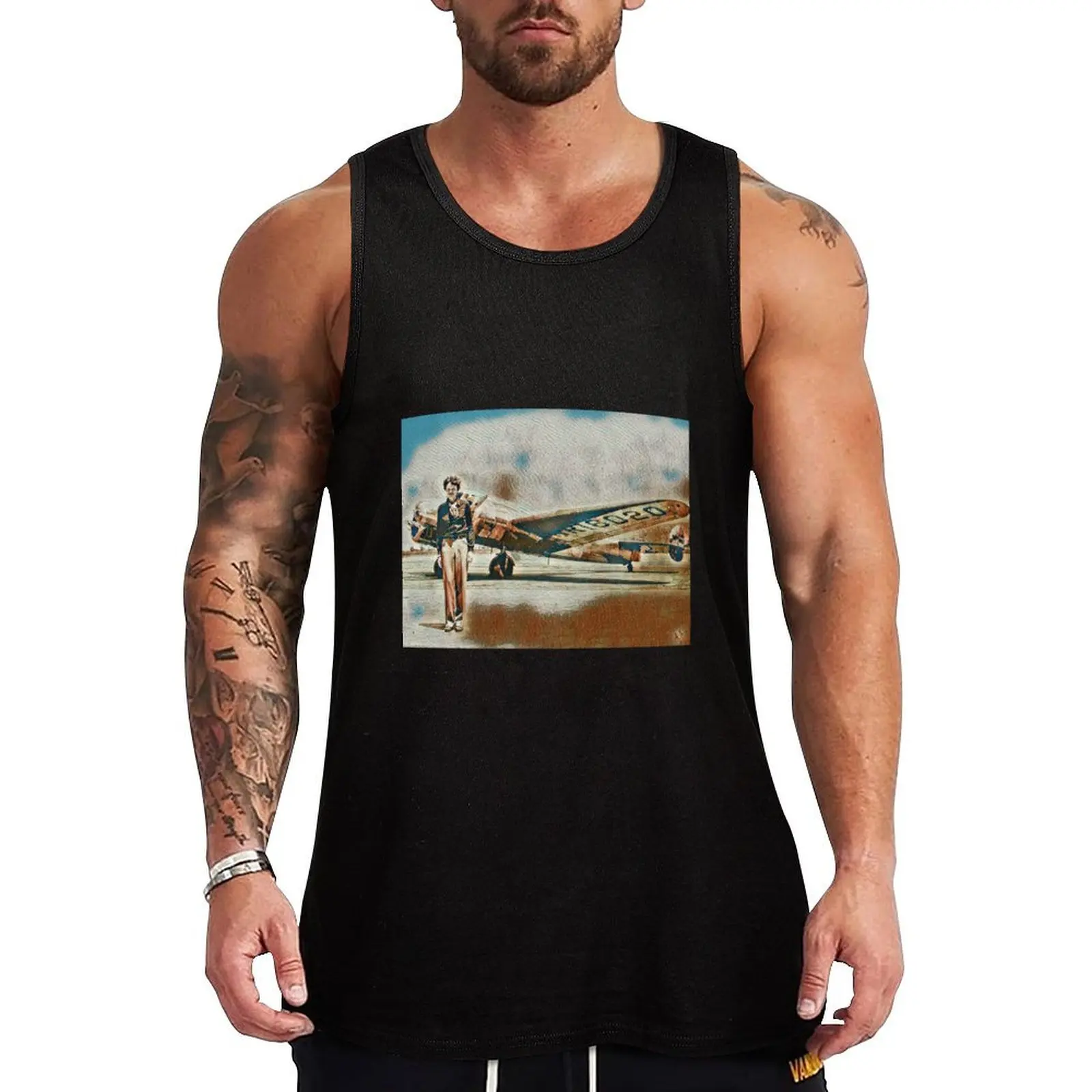 Amelia Earhart With Her Lockheed Electra Circa 1937 Faux Painting Tank Top Vests sleeveless shirts Men's t-shirt